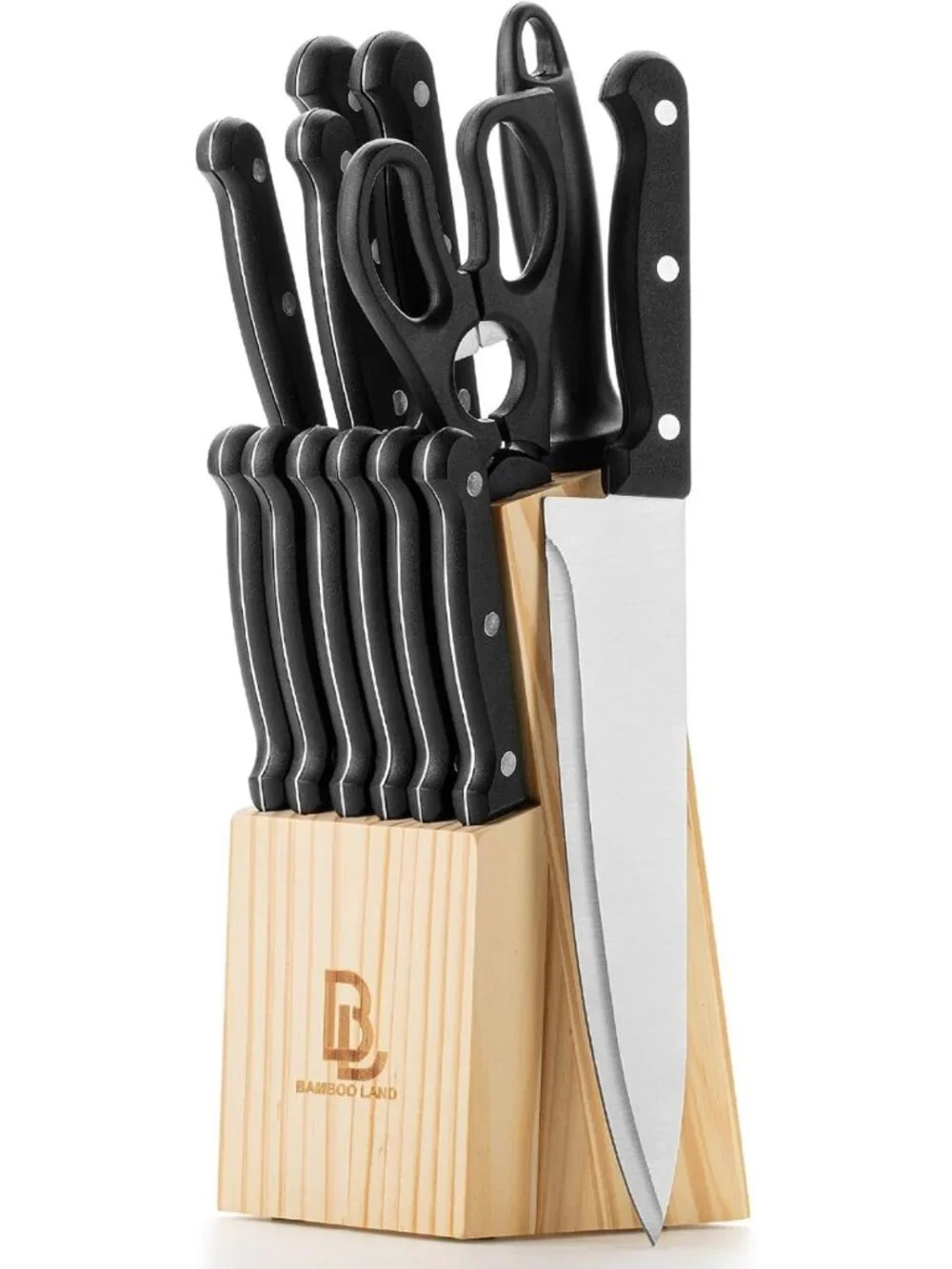 14-Piece Stainless Steel Kitchen Knife Set with Block & Sharpener - Durable